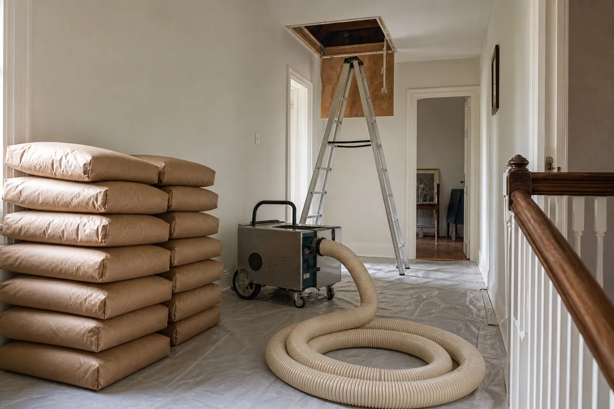 Sacs de ouate de cellulose et machine à souffler installés au pied d’une trappe de combles