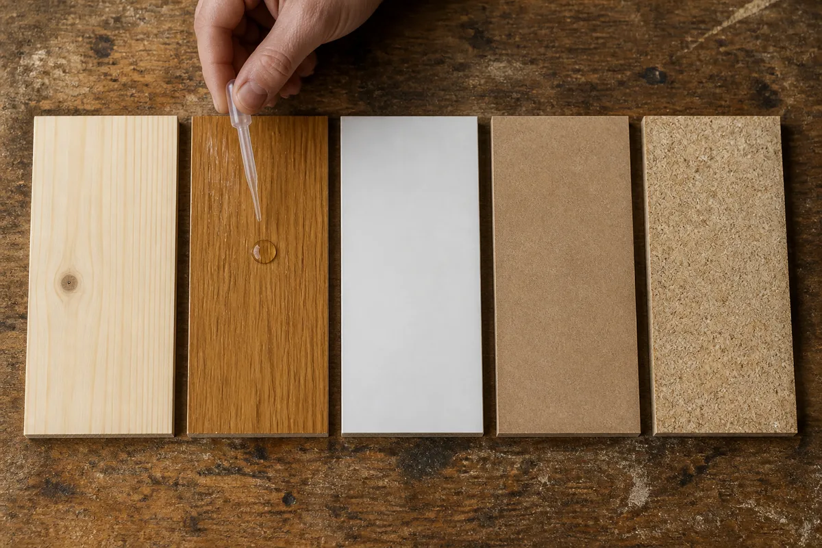 Comparaison de cinq échantillons de panneaux posés à plat sur un établi, bois brut, bois vernis, mélaminé, MDF et aggloméré