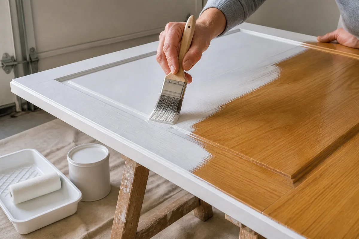 Application d’une sous-couche blanche au pinceau plat sur la façade d’un meuble démonté posé sur tréteaux