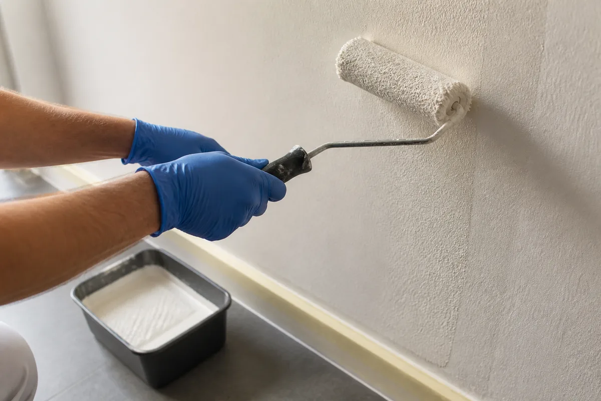 Mains gantées appliquant une peinture satinée au rouleau sur le mur de toilettes