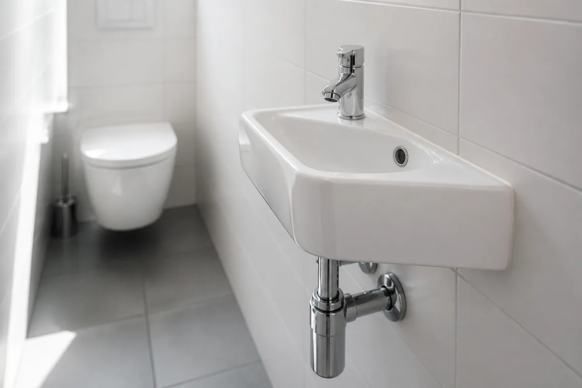 Petit lave-mains d’angle en céramique blanche posé dans des toilettes étroites