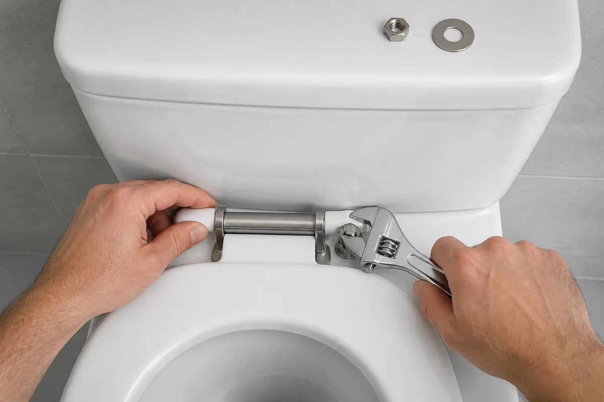 Mains serrant les fixations d’un abattant de WC avec une clé à molette