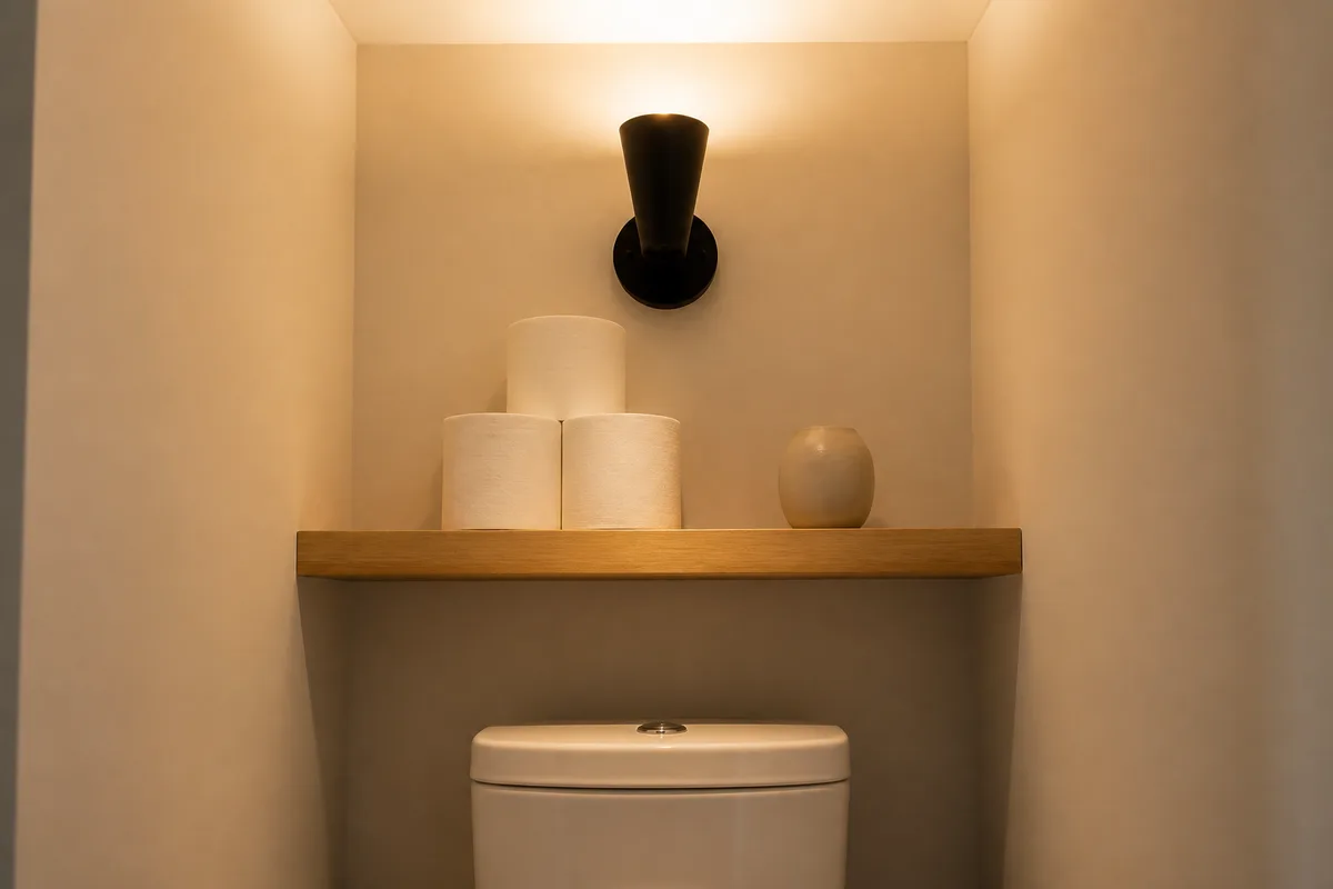 Étagère en bois clair au-dessus d’un réservoir de WC avec applique murale allumée