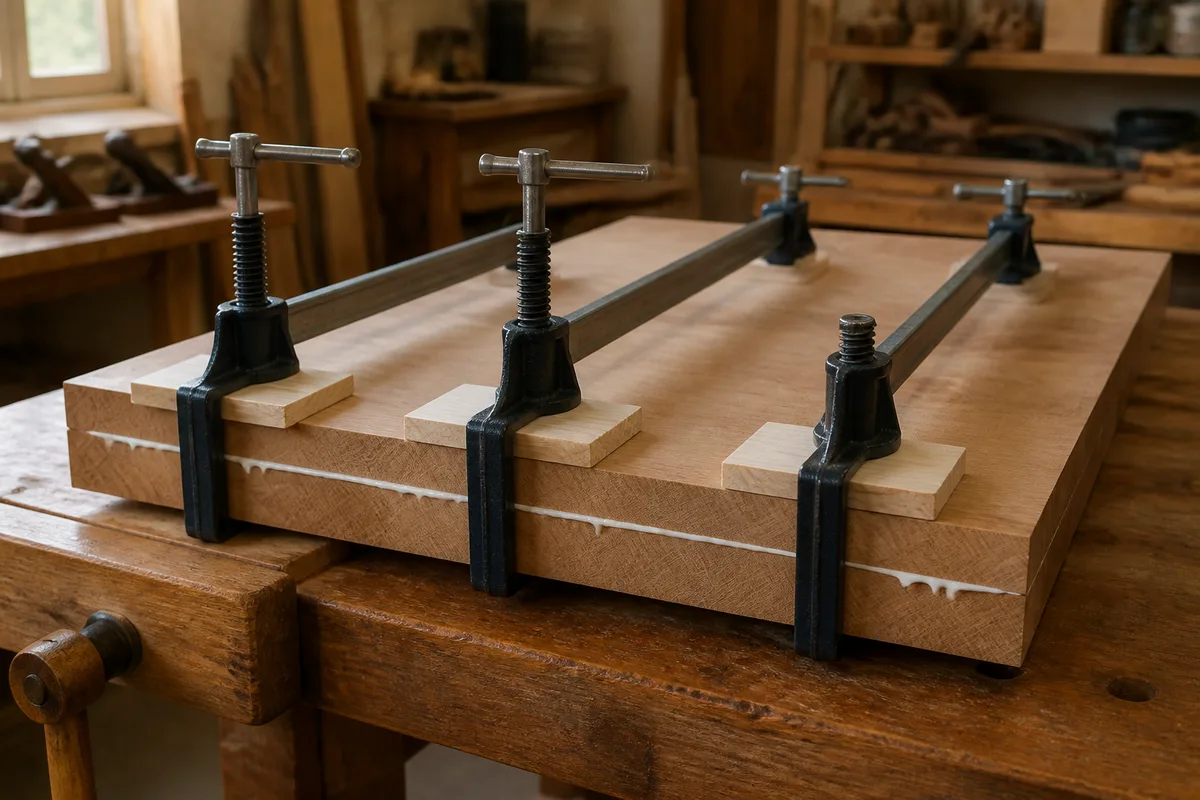 Serre-joints répartis sur un panneau encollé, cales de bois sous les mors