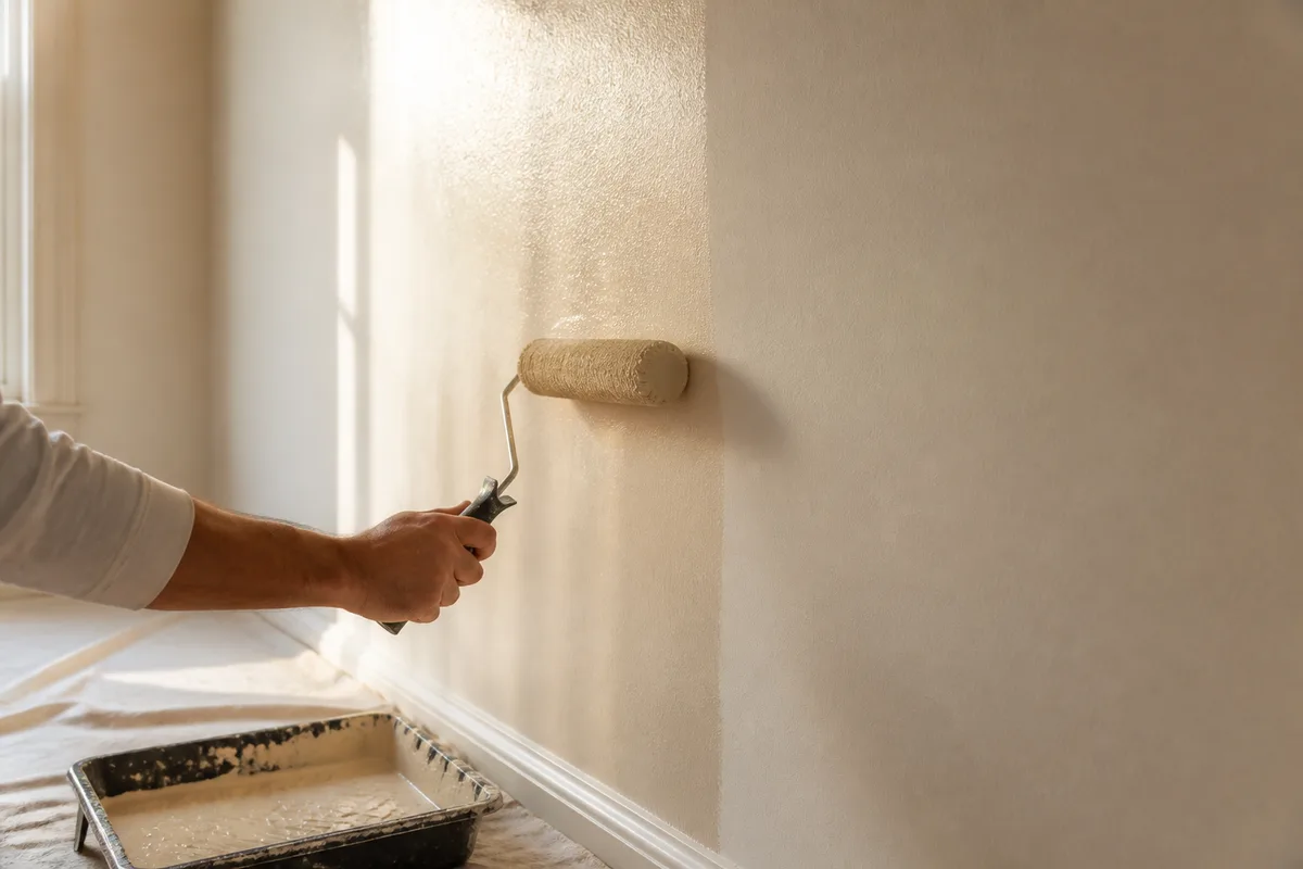Application de peinture au rouleau par bandes verticales sur un mur clair, lumière rasante